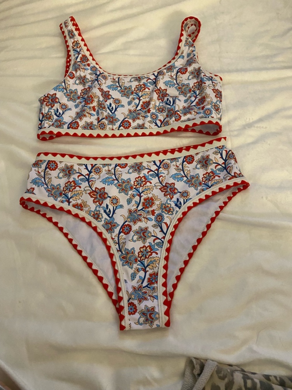 Floral Trim Red & White Two-Piece Intimates Set
